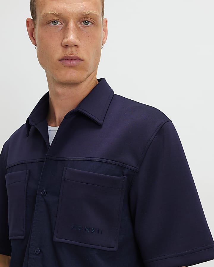 Navy Regular Fit Fabric Blocked Shirt