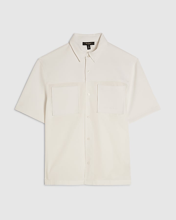 Cream Regular Fit Fabric Blocked Shirt