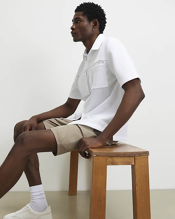 Cream Regular Fit Fabric Blocked Shirt