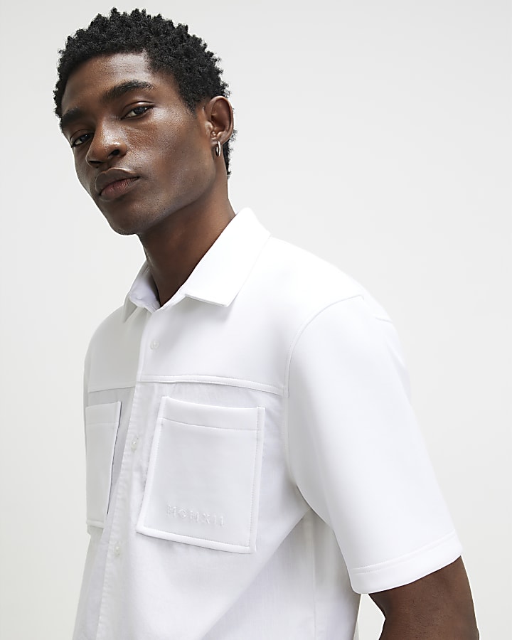 Cream Regular Fit Fabric Blocked Shirt