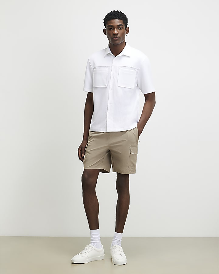 Cream Regular Fit Fabric Blocked Shirt