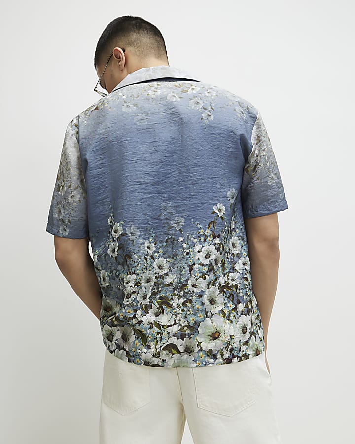 Blue Slim Fit Ombre Floral Revere Shirt