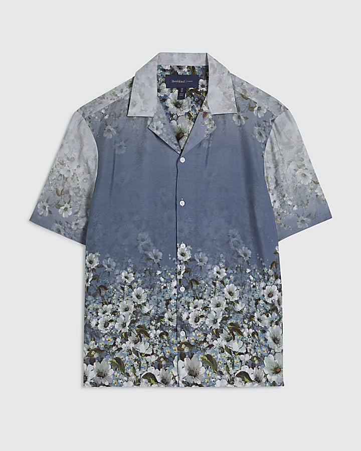 Blue Slim Fit Ombre Floral Revere Shirt