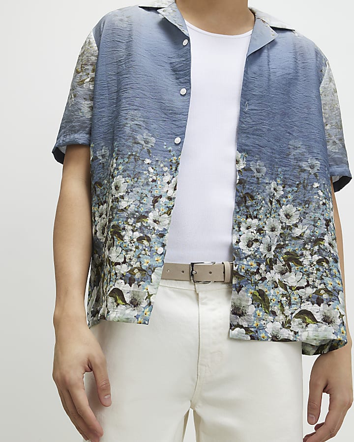 Blue Slim Fit Ombre Floral Revere Shirt