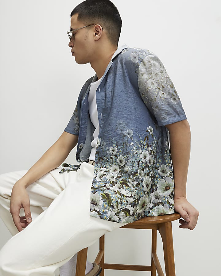 Blue Slim Fit Ombre Floral Revere Shirt