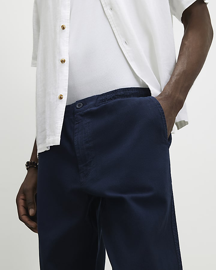 Navy Linen Blend Trousers