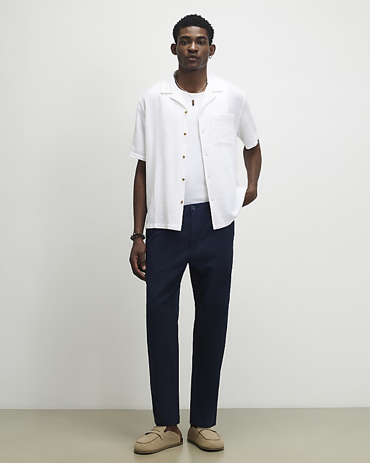 Navy Linen Blend Trousers