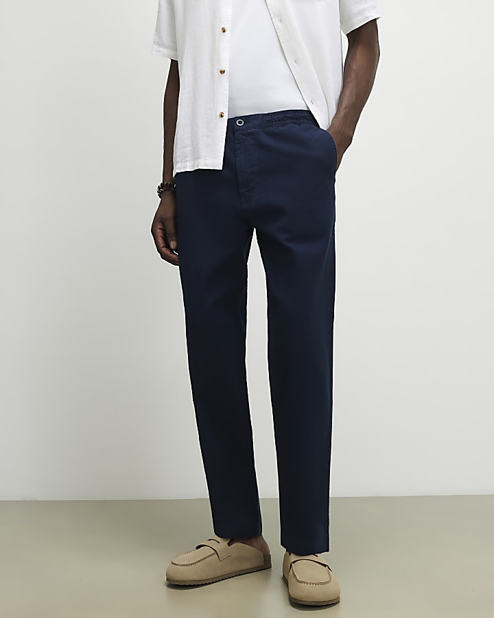 Navy Linen Blend Trousers