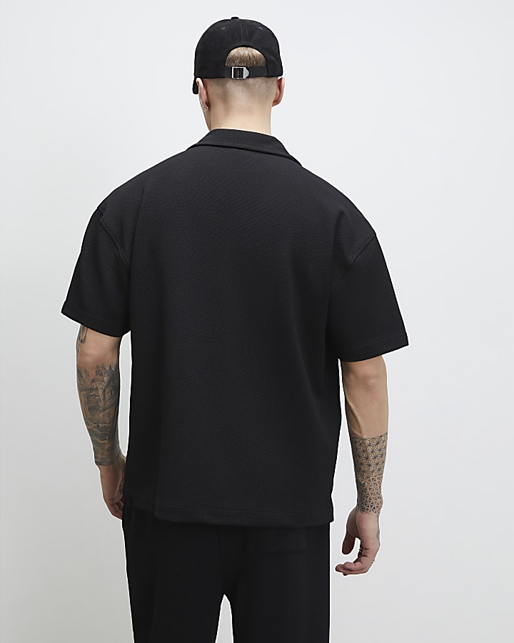 Black Oversized Fit Waffle Textured Shirt