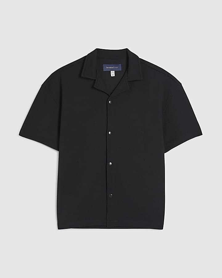 Black Oversized Fit Waffle Textured Shirt