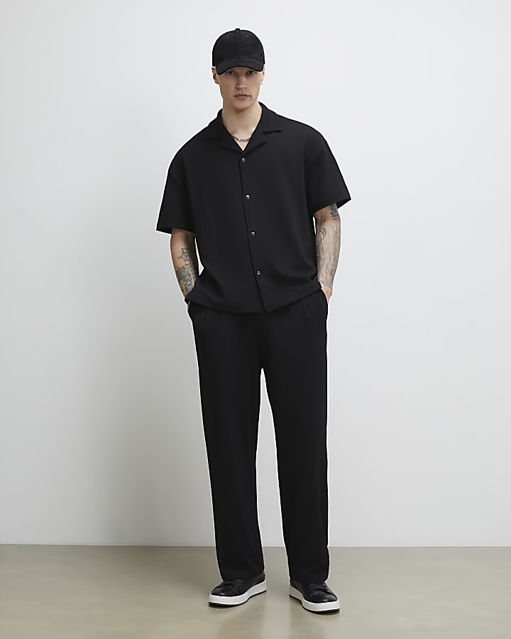Black Oversized Fit Waffle Textured Shirt