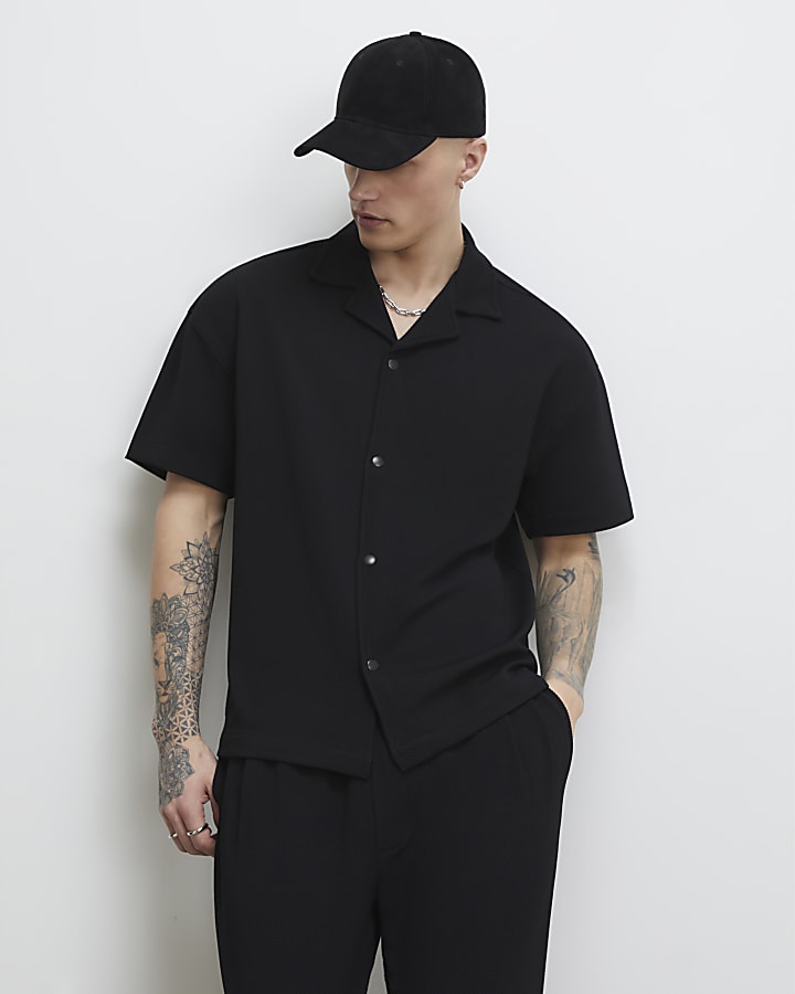 Black Oversized Fit Waffle Textured Shirt
