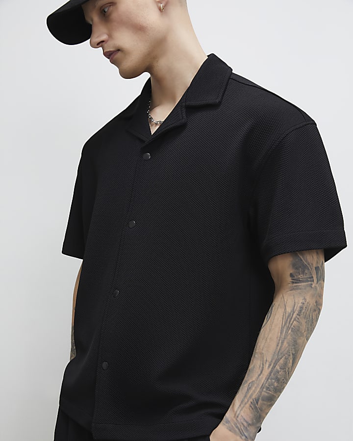 Black Oversized Fit Waffle Textured Shirt