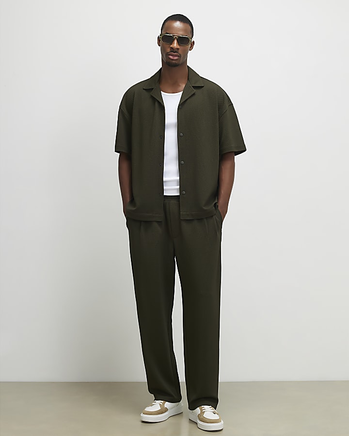 Khaki Oversized Fit Waffle Textured Shirt