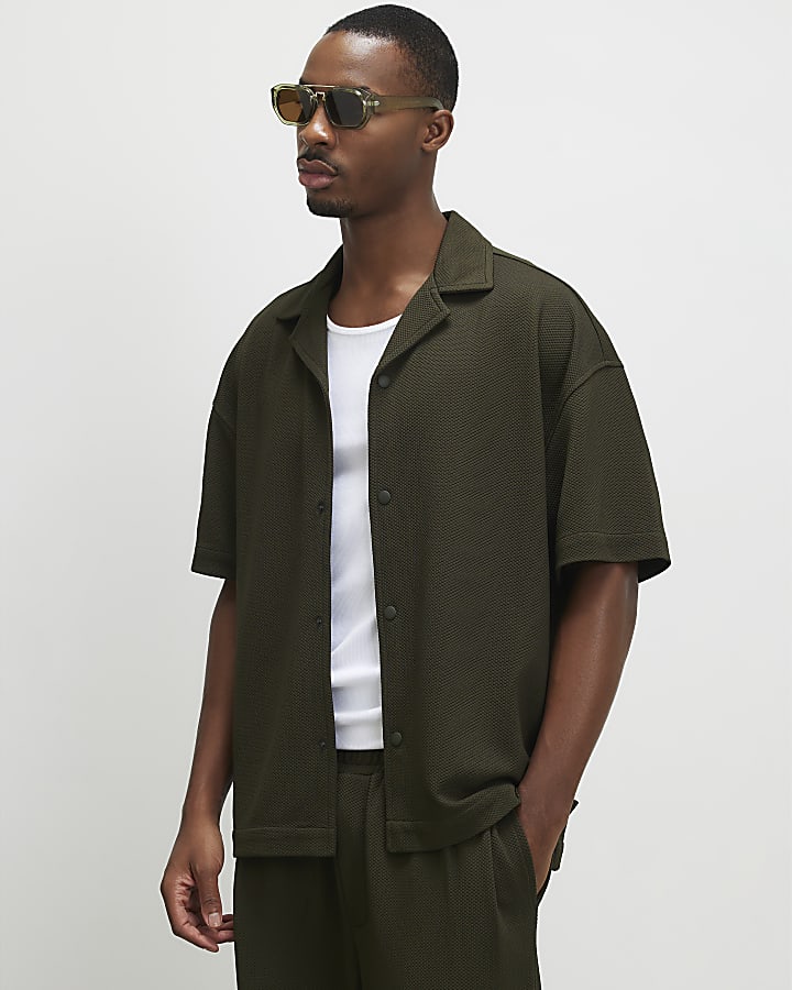 Khaki Oversized Fit Waffle Textured Shirt