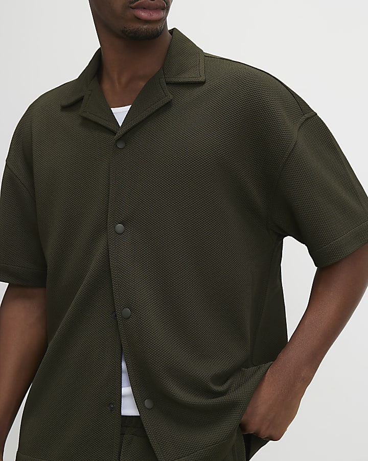 Khaki Oversized Fit Waffle Textured Shirt