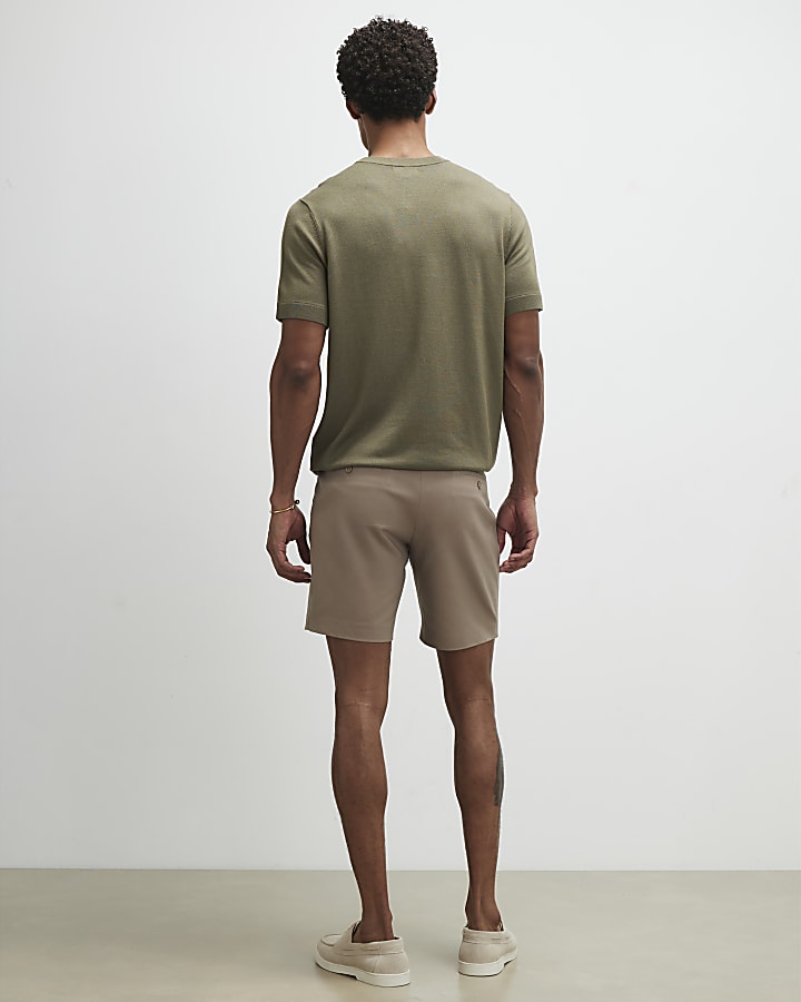 Beige Slim Fit Belted Chino Shorts