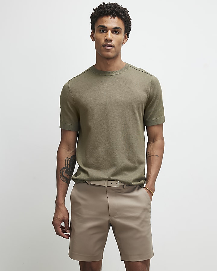 Beige Slim Fit Belted Chino Shorts