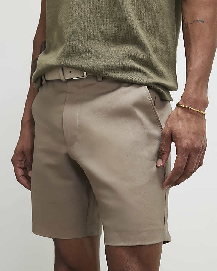 Beige Slim Fit Belted Chino Shorts