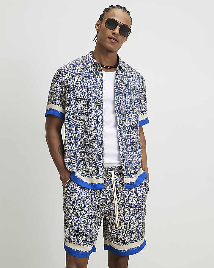 Blue Tile Print Shorts