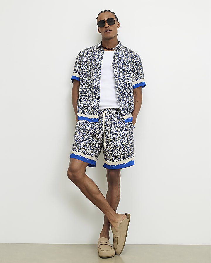 Blue Tile Print Shorts