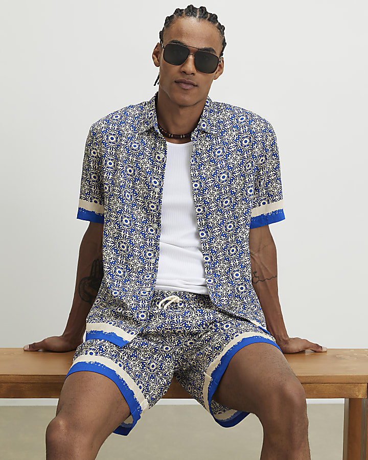 Blue Tile Print Shorts