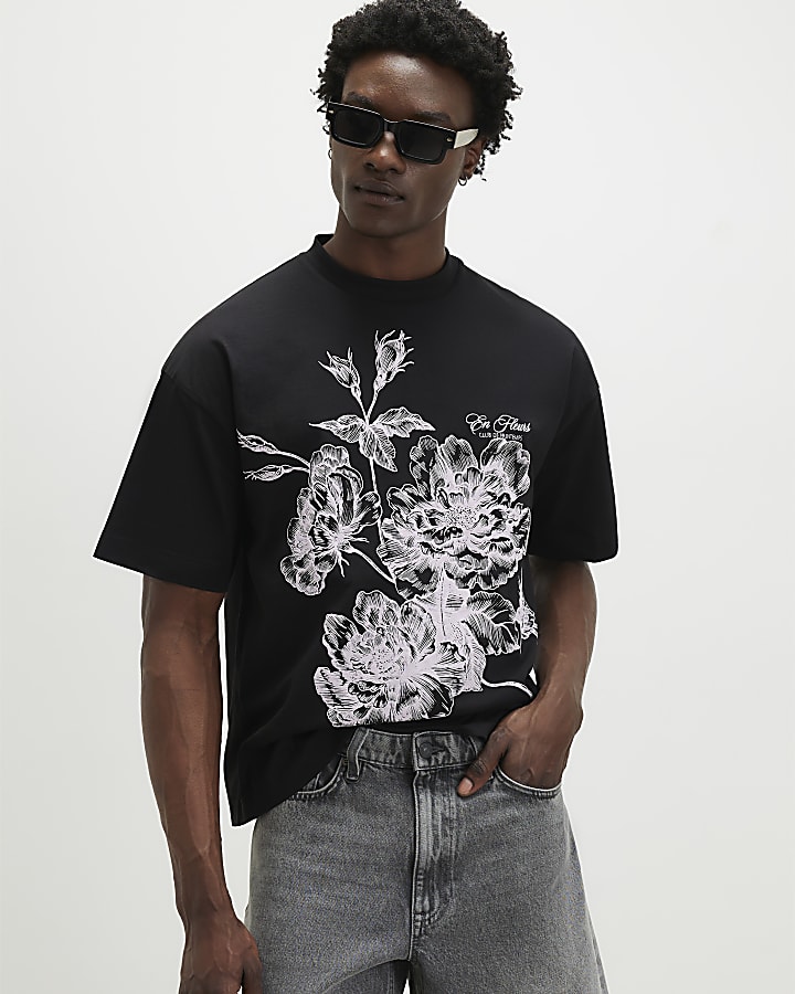 Black Oversized Floral T-Shirt
