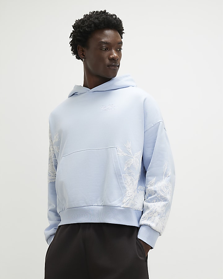 Blue Oversized Floral Hoodie