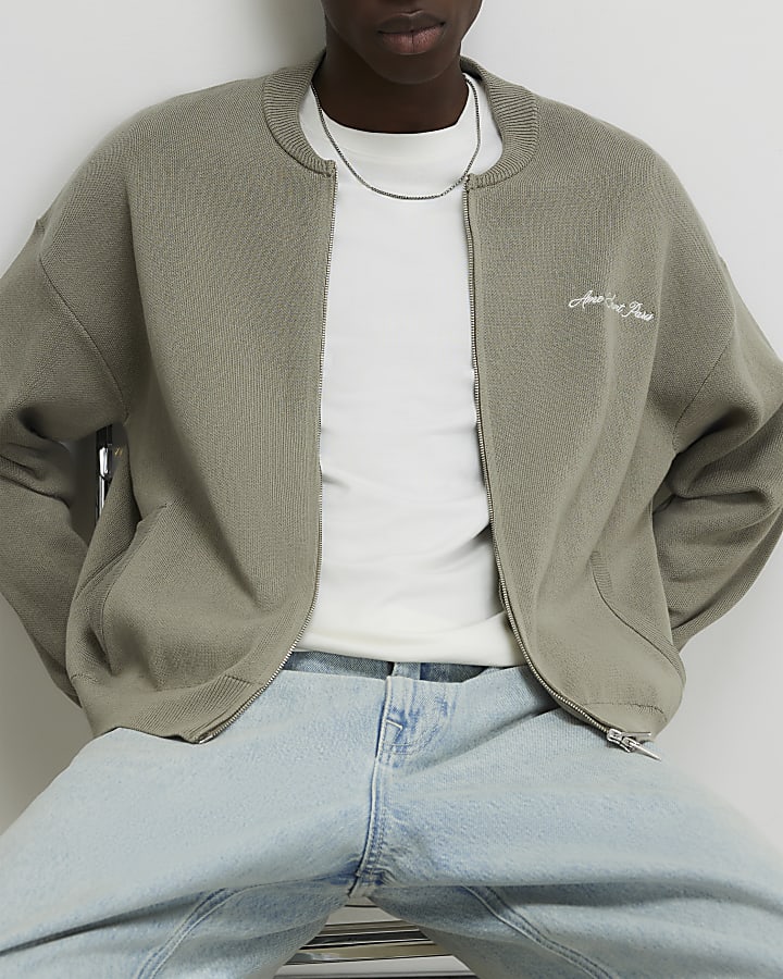 Green Regular Fit Knitted Bomber Jacket