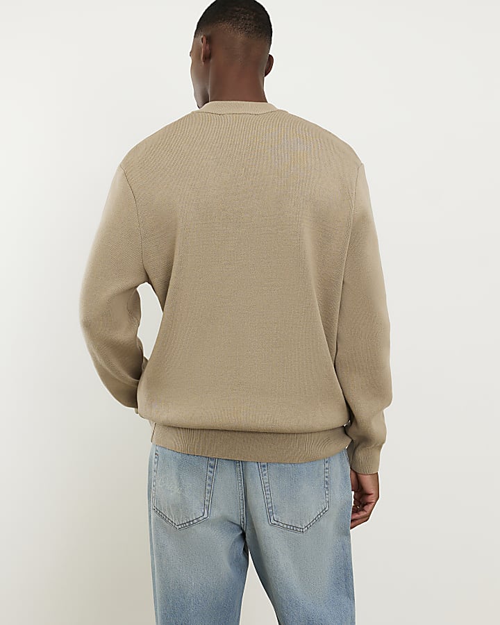 Beige Compact Knit V Neck Jumper