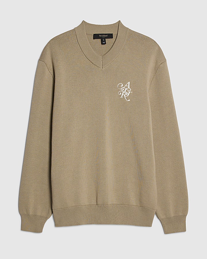 Beige Compact Knit V Neck Jumper