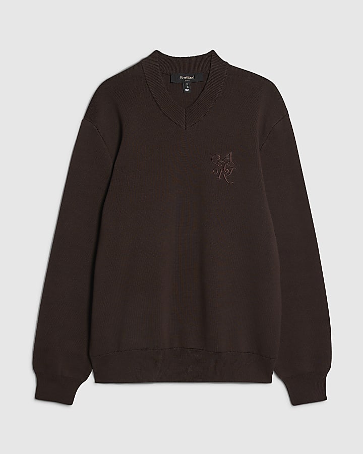 Brown Plain Compact Knit V Neck Jumper