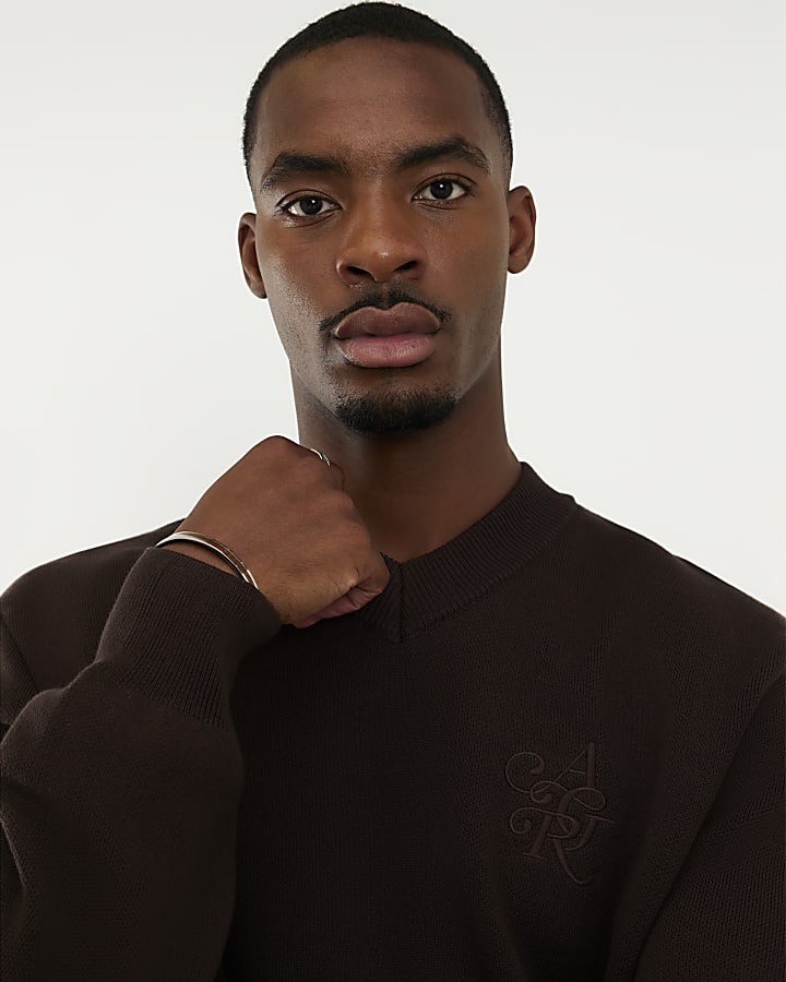 Brown Plain Compact Knit V Neck Jumper