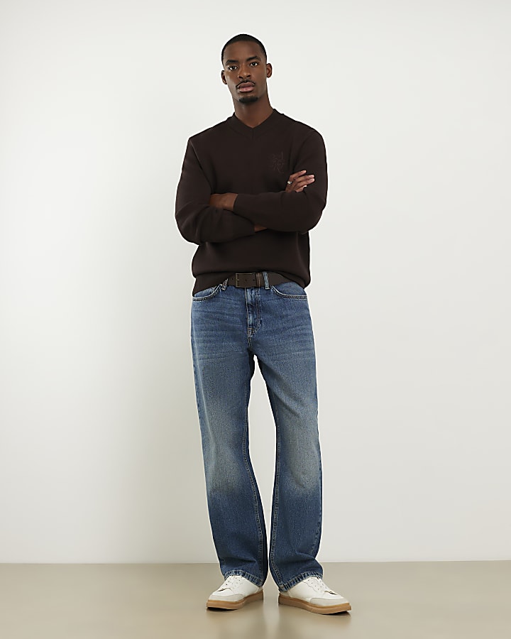 Brown Plain Compact Knit V Neck Jumper