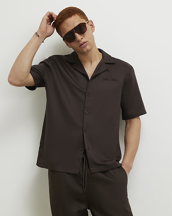 Brown Regular Fit Embroidered Script Shirt