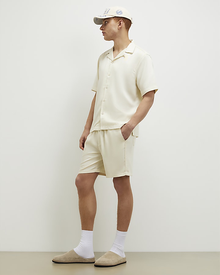 Cream Regular Fit Embroidered Script Shirt