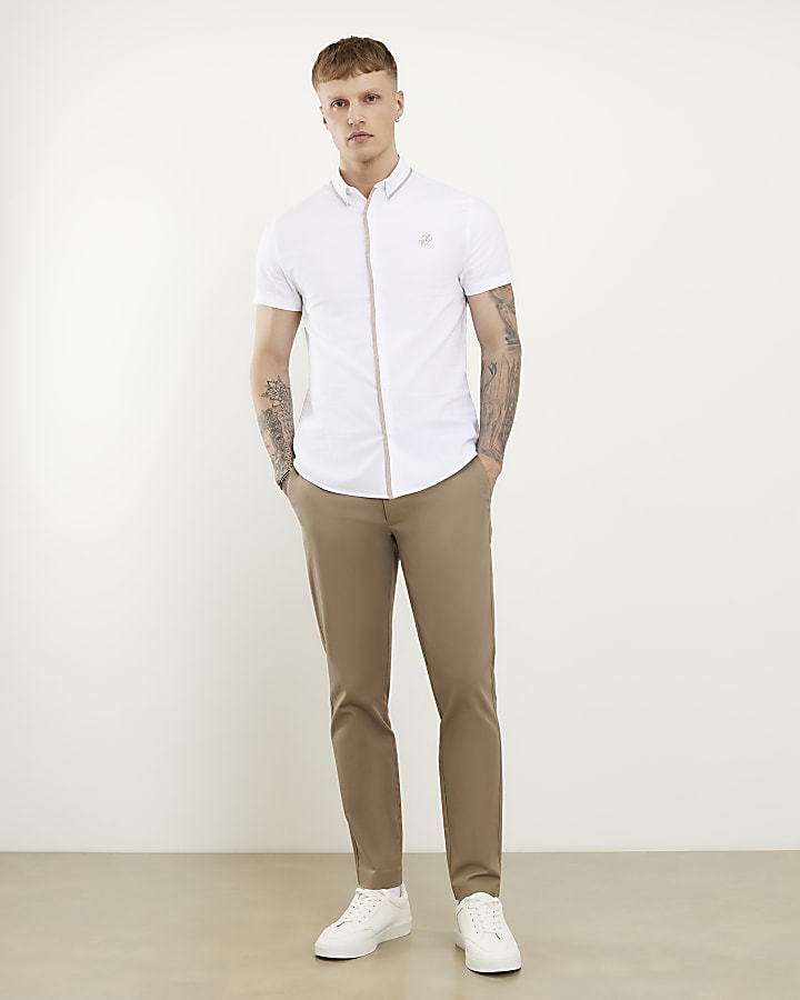 White Muscle Fit Tipped Shirt