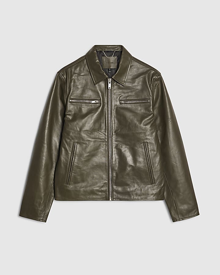 Khaki RI Studio Leather Zip Up Jacket