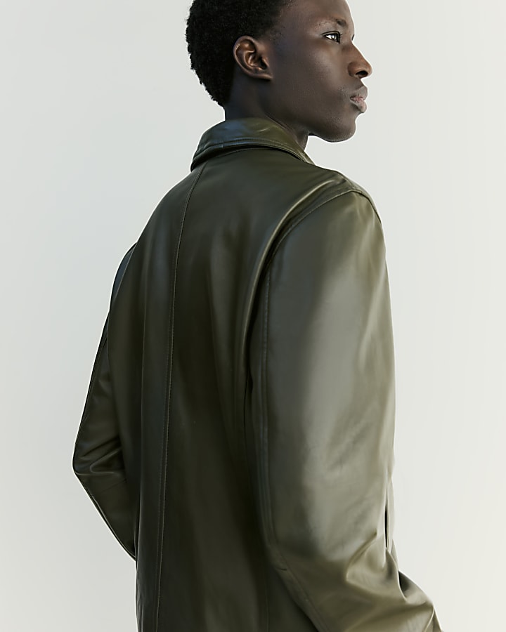 Khaki RI Studio Leather Zip Up Jacket