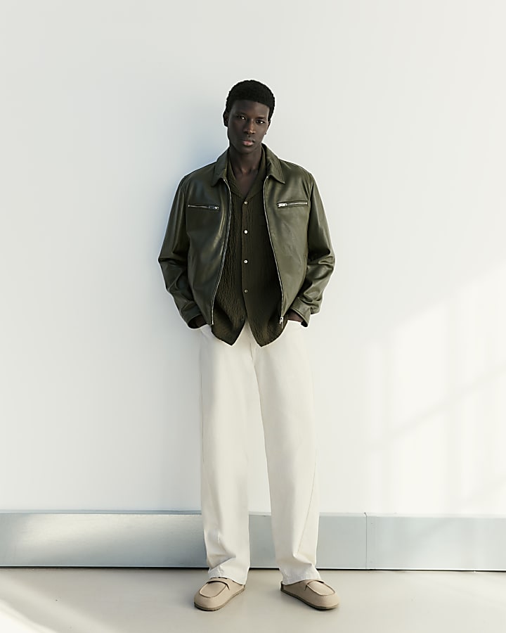 Khaki RI Studio Leather Zip Up Jacket