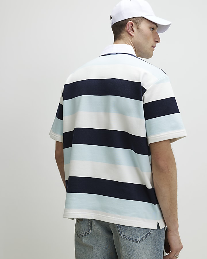 Blue Oversized Fit Striped Rugby Top