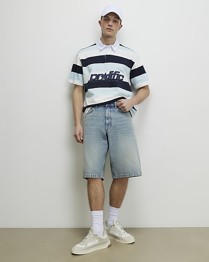 Blue Oversized Fit Striped Rugby Top