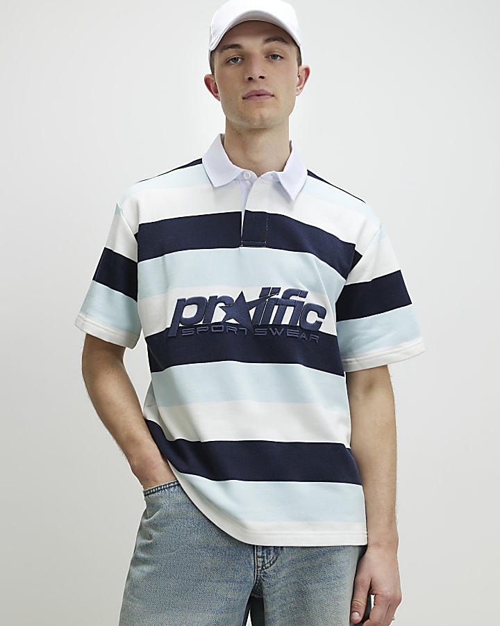 Blue Oversized Fit Striped Rugby Top