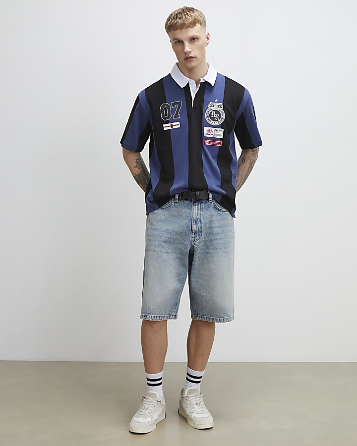 Navy Oversized Fit Striped Rugby Shirt