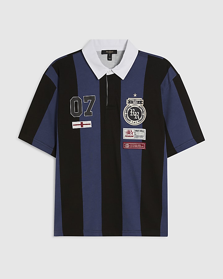 Navy Oversized Fit Striped Rugby Shirt