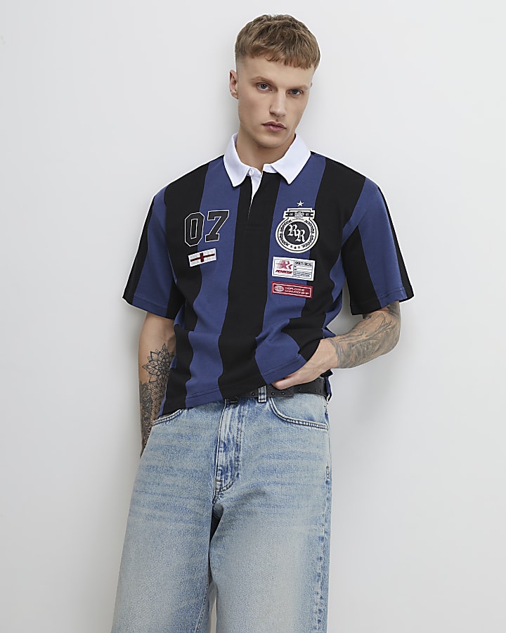 Navy Oversized Fit Striped Rugby Shirt