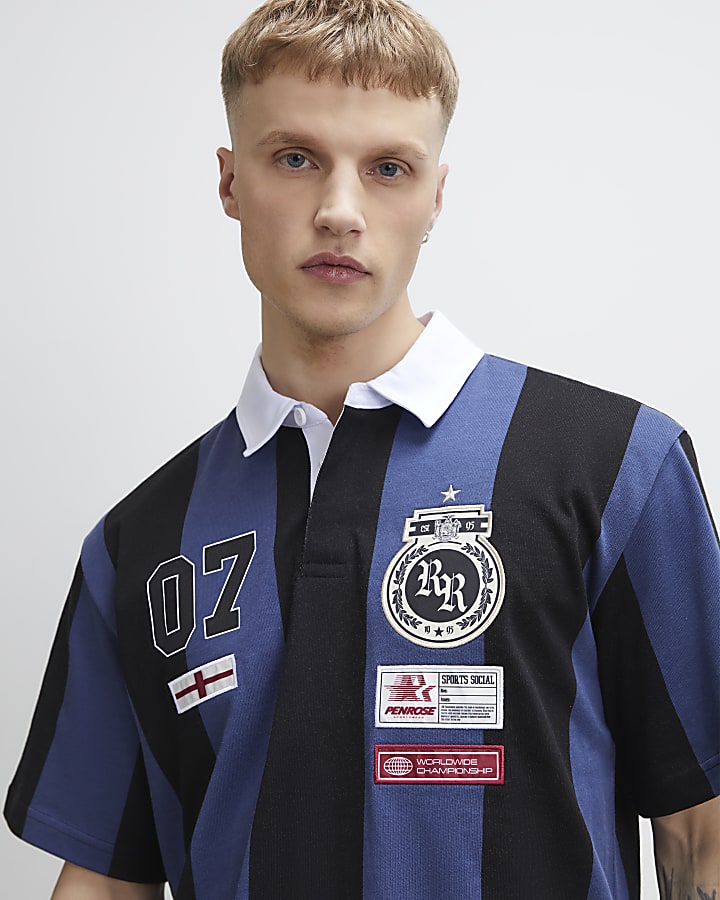 Navy Oversized Fit Striped Rugby Shirt
