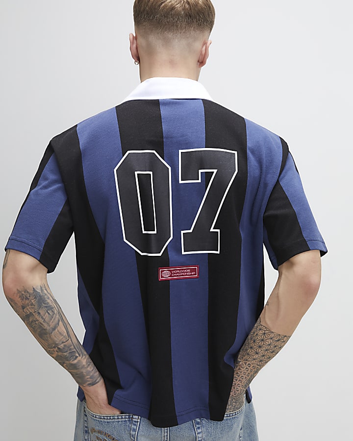 Navy Oversized Fit Striped Rugby Shirt