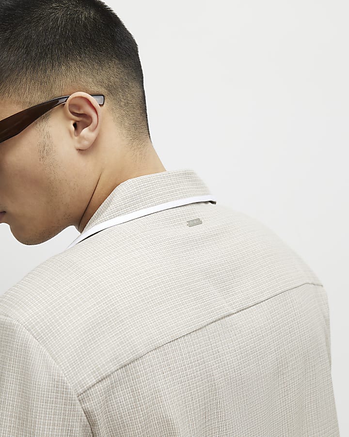 Beige Piped Microcheck Shirt