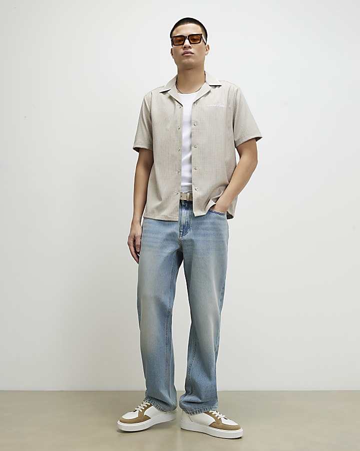 Beige Piped Microcheck Shirt